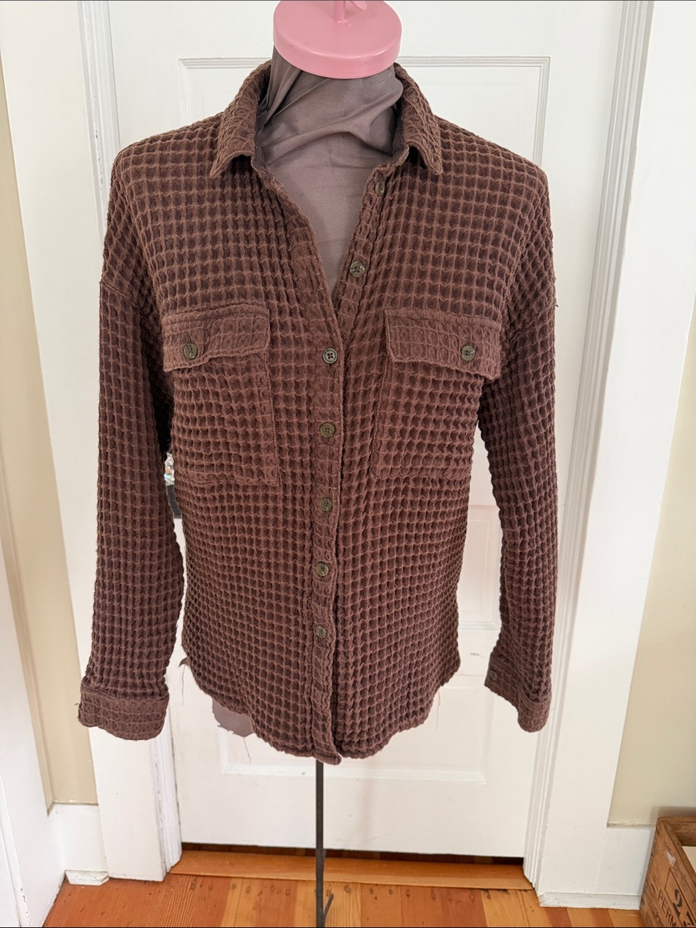 BDG Brown Waffle-Knit Button-Down Shirt